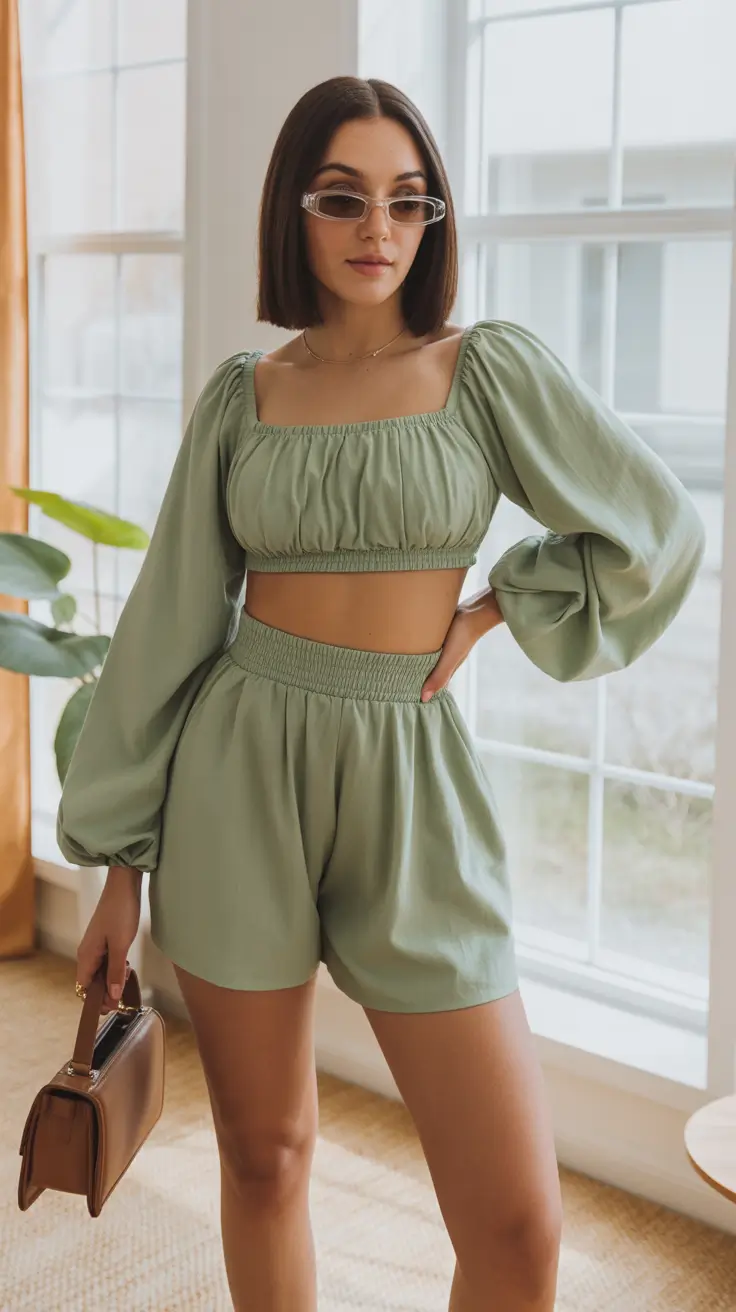 spring outfits with tops 2026 Sage Green Set With a Puffy Sleeve Crop Top