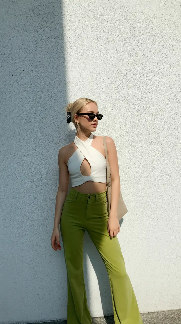 spring outfits with tops 2026 White Halter Top With Green Pants