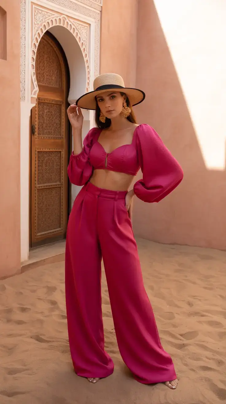 spring outfits with tops 2026 Bold Pink Top With Desert Glam Energy