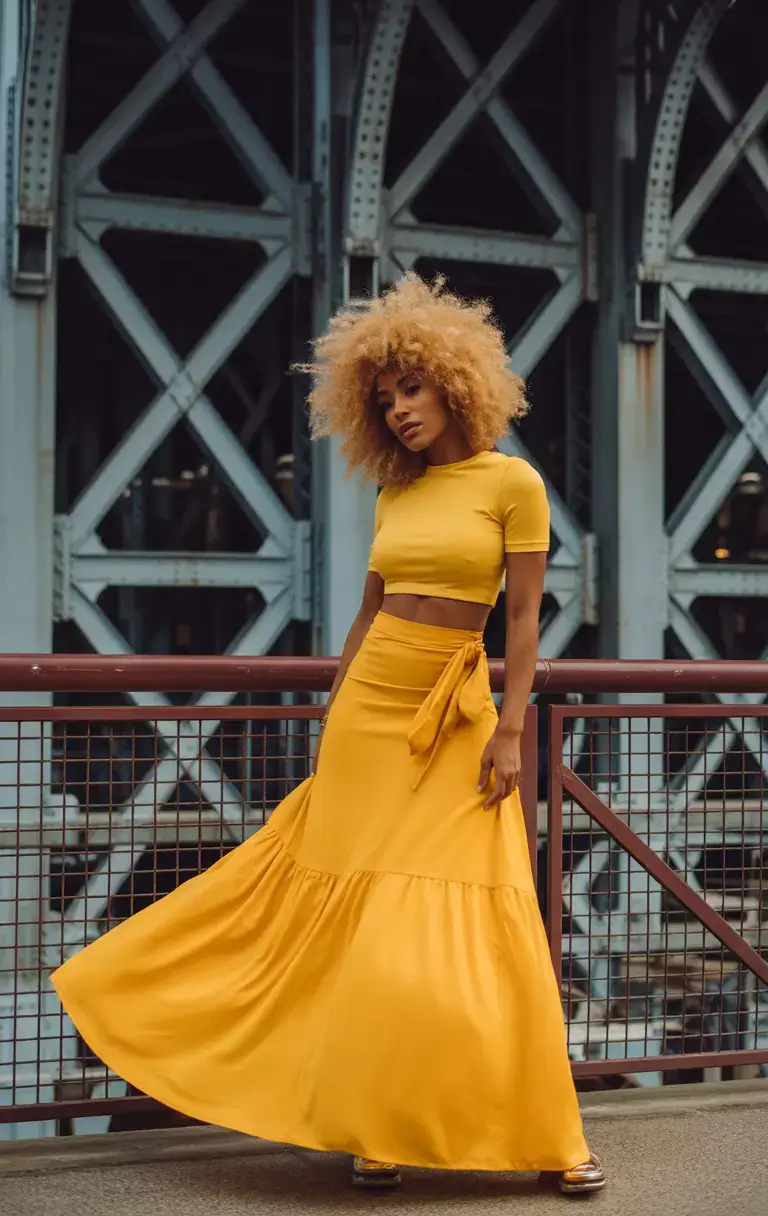 spring outfits with tops 2026 Sunshine Yellow Crop Top With Flowing Skirt