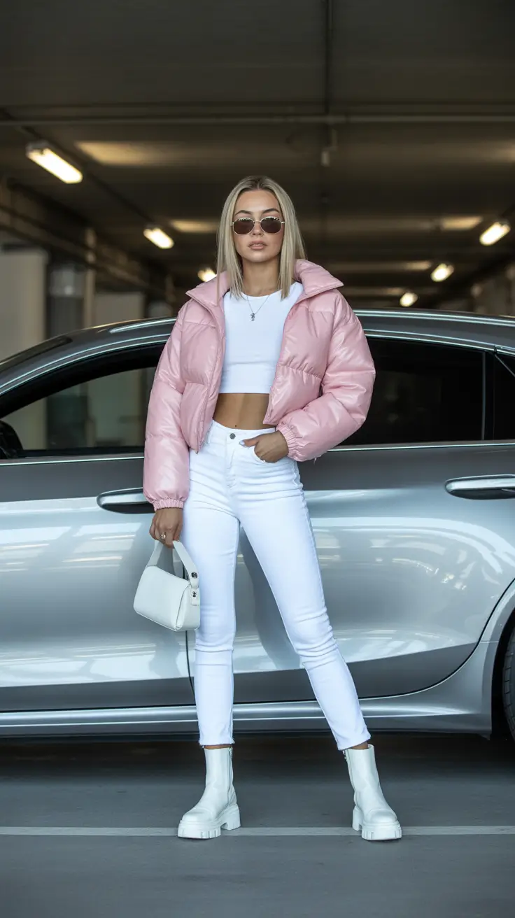spring outfits with tops 2026 Pink Puff Jacket With a Clean White Crop