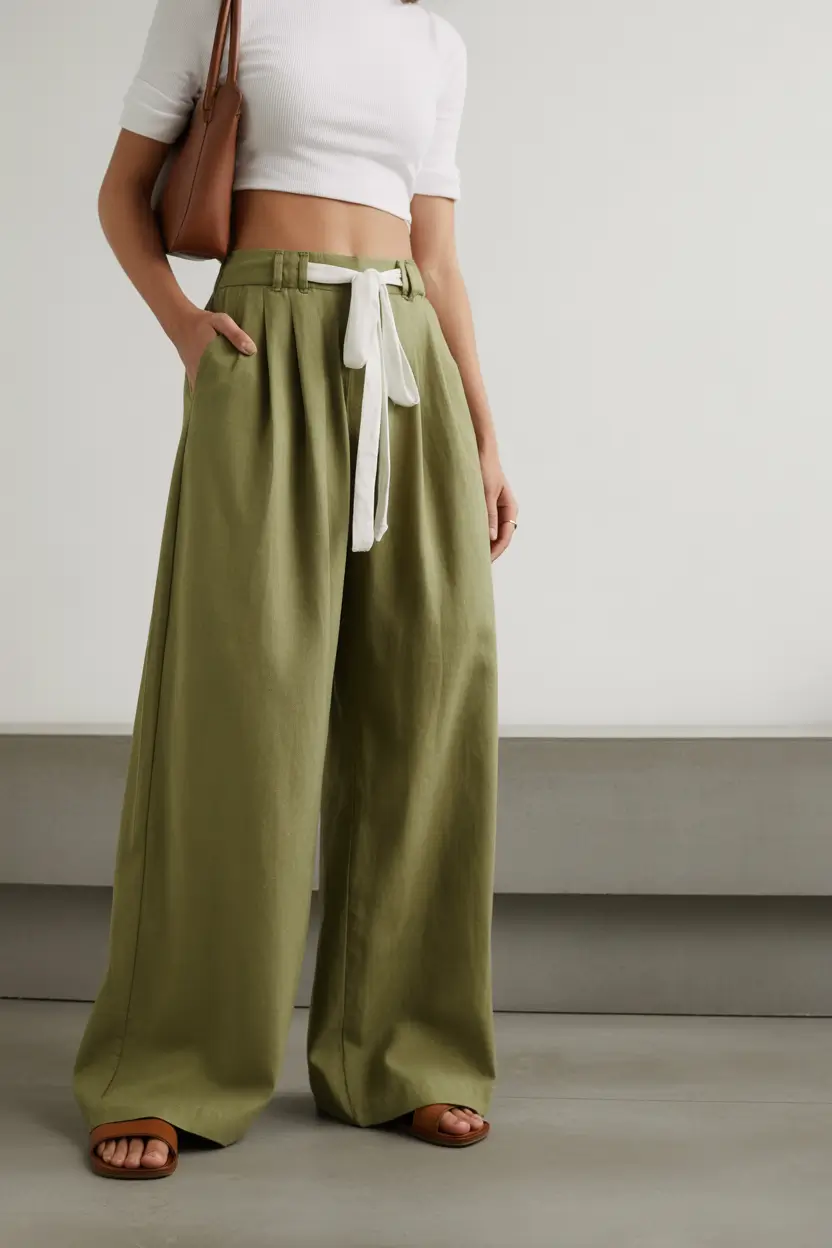 spring outfits with tops 2026 Clean White Top and Olive Wide Leg Pants