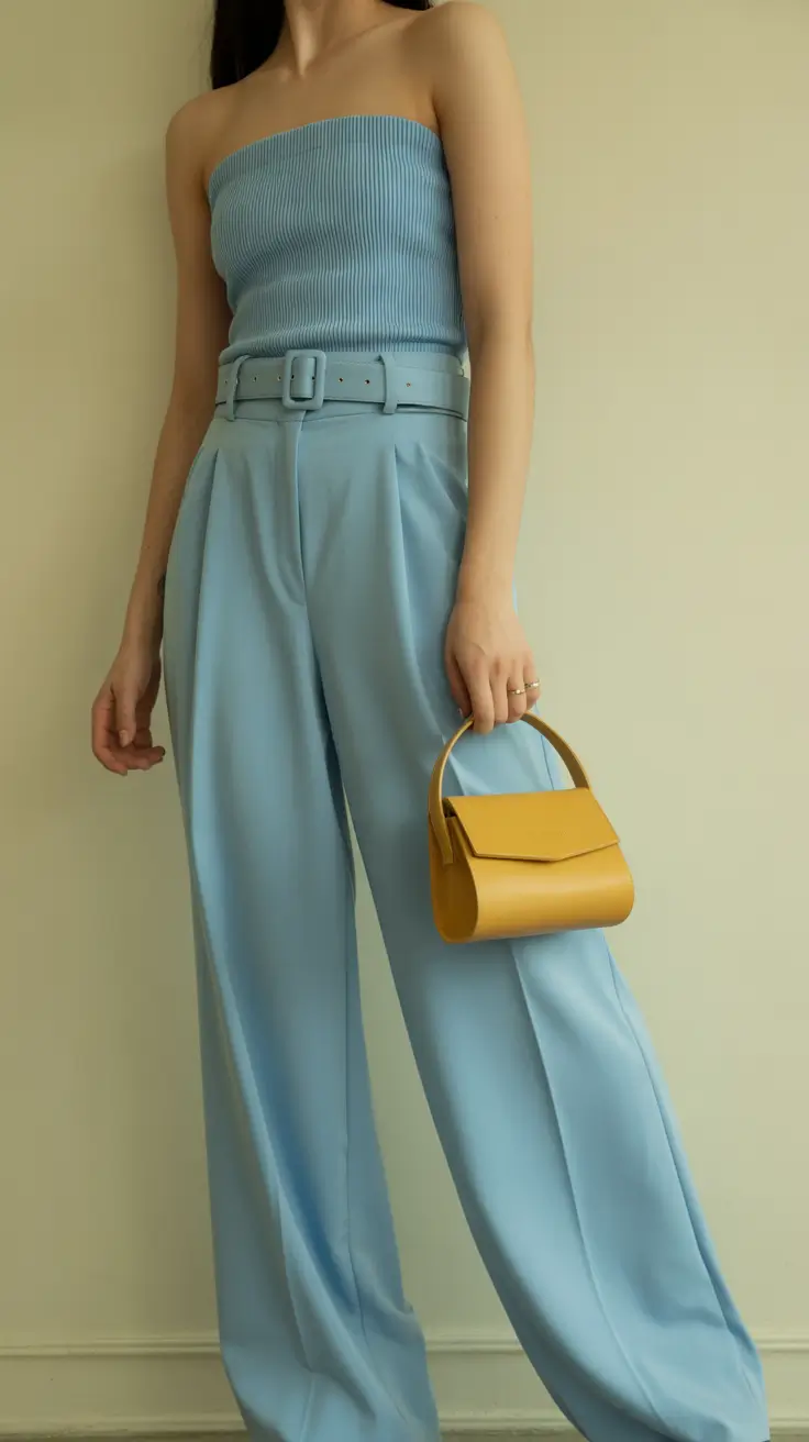 spring outfits with tops 2026 Sky Blue Tube Top and Tailored Pants