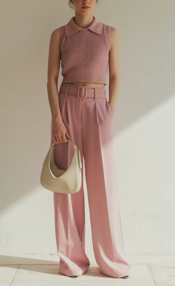 spring outfits with tops 2026 Soft Pink Knit Top With Wide Leg Trousers