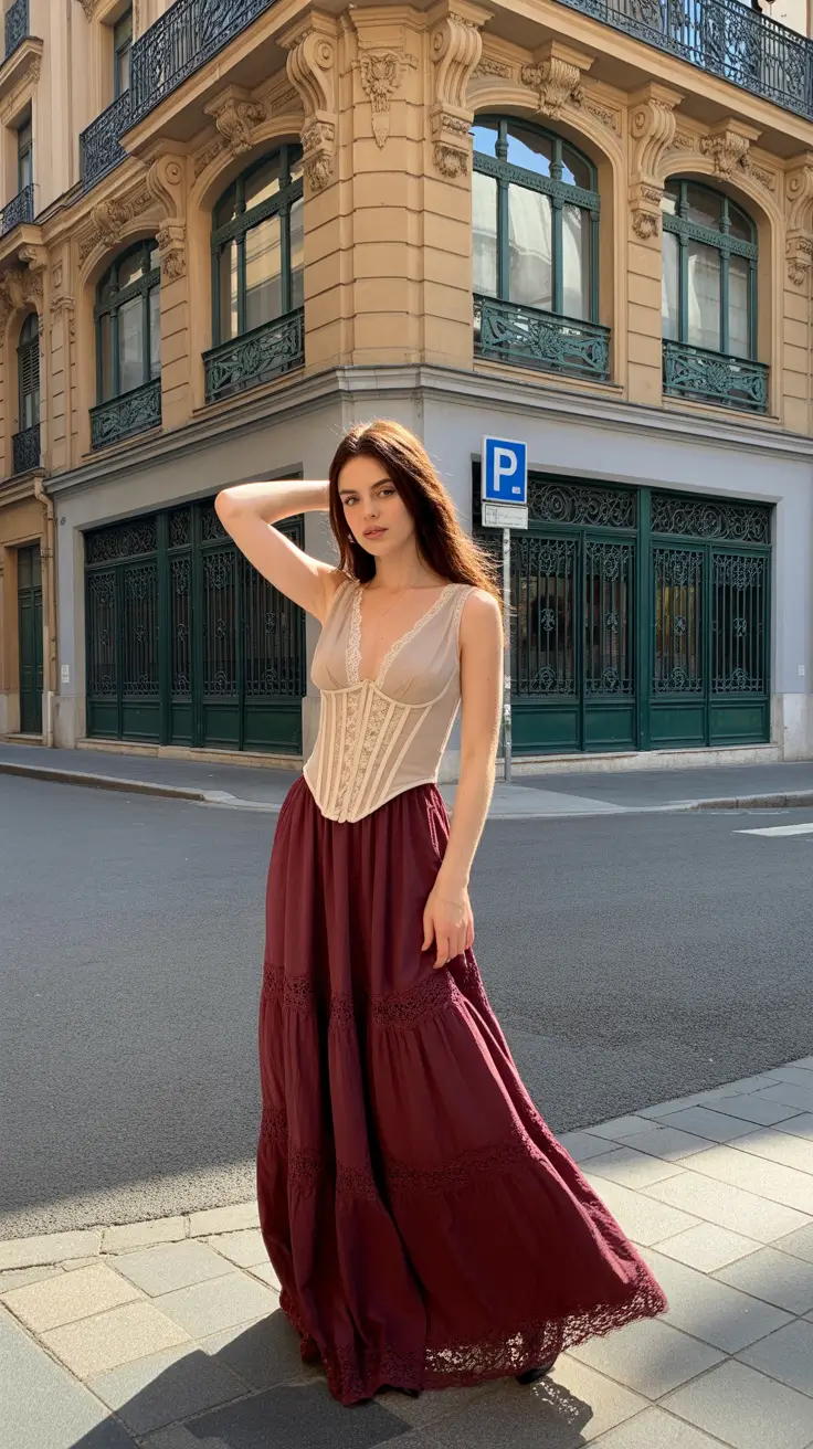spring skirt outfits 2026 Burgundy Maxi With Corset Chic Energy