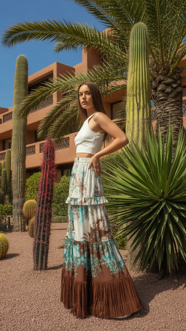 spring skirt outfits 2026 Floral Maxi With Desert Resort Mood