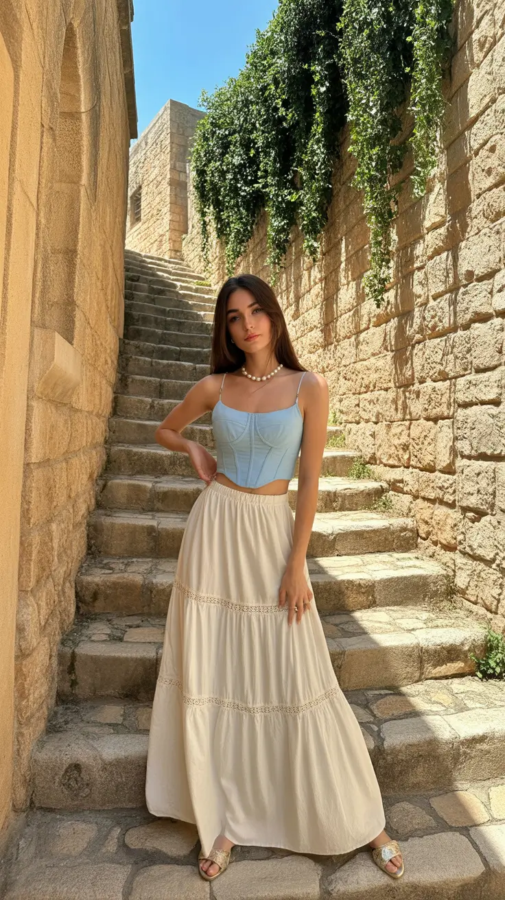 spring skirt outfits 2026 White Maxi With Baby Blue Corset Sweetness