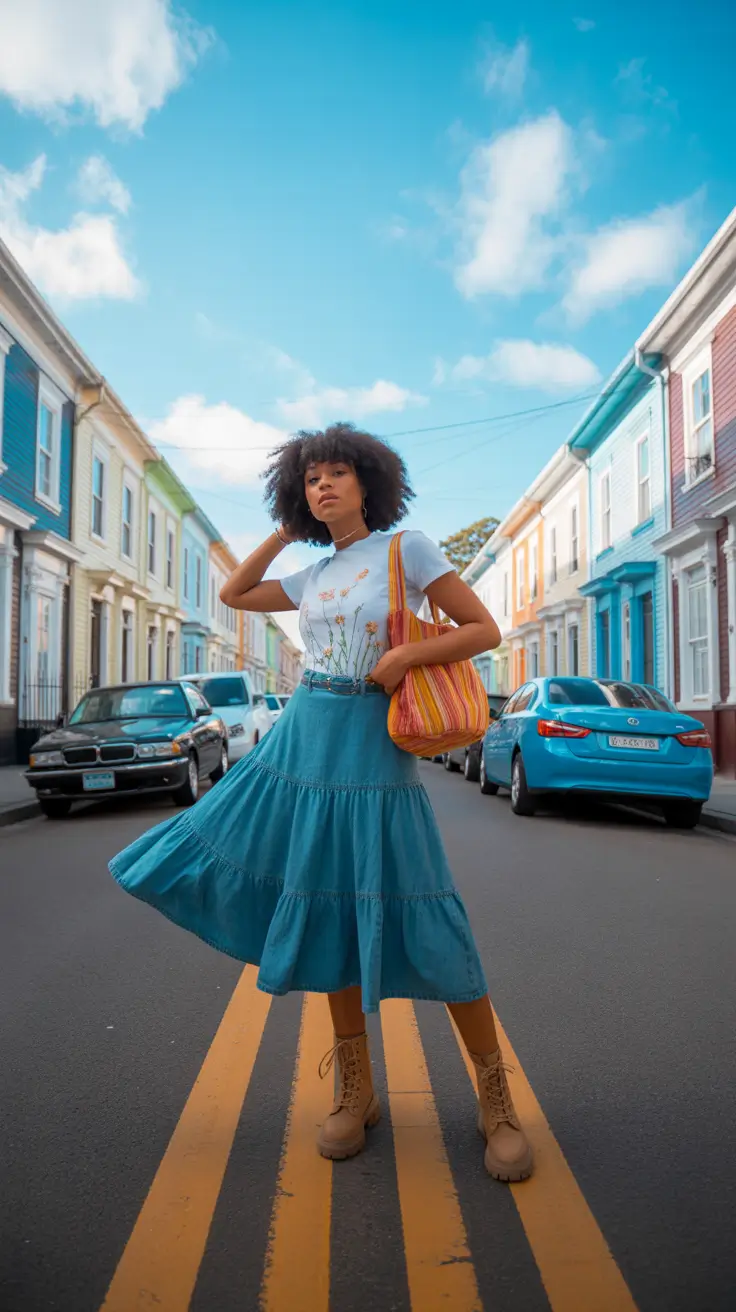 spring skirt outfits 2026 Tiered Denim Midi With Sneakers and Street Color