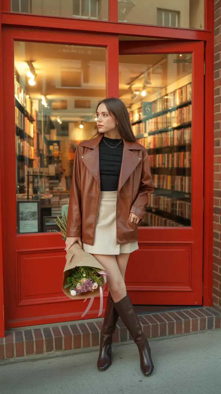 spring skirt outfits 2026 Leather Jacket With a Cream Mini Moment