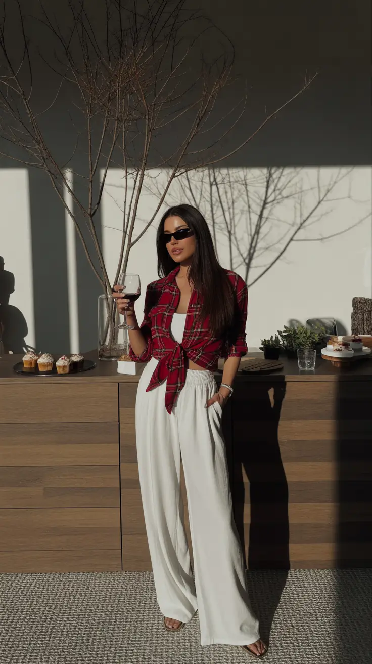 winery outfit spring 2026 Plaid Shirt and Wide-Leg Pants for a Chic Tasting Lounge