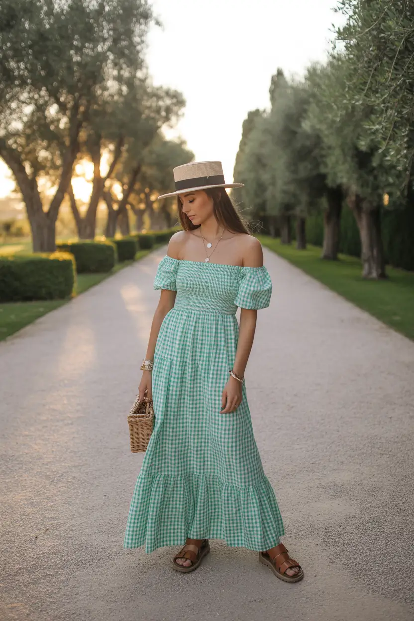 winery outfit spring 2026 Gingham and Soft Structure for Cooler Evenings