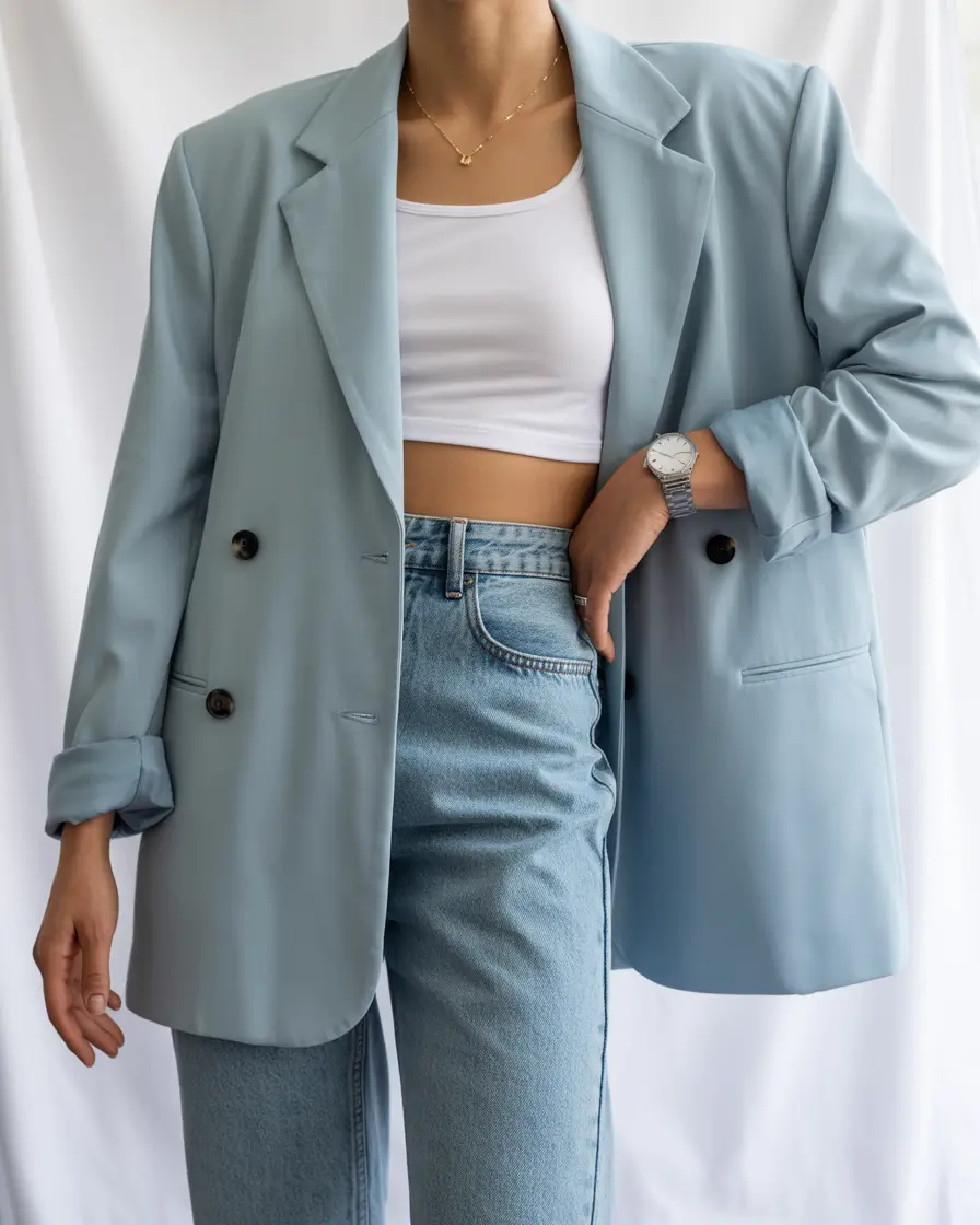 casual spring outfits 2026 Powder Blue Blazer With Denim Balance