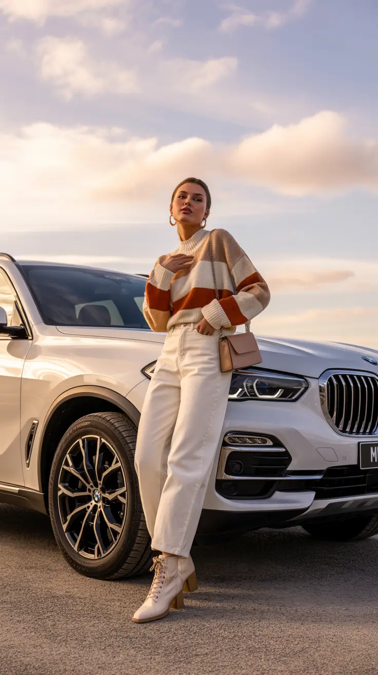 casual spring outfits 2026 Warm Stripe Sweater With White Denim Confidence