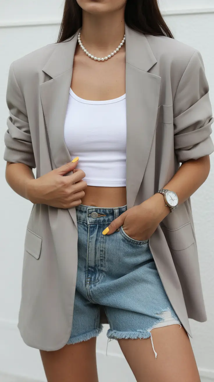 casual spring outfits 2026 Blazer and Denim Shorts With City Chic Energy