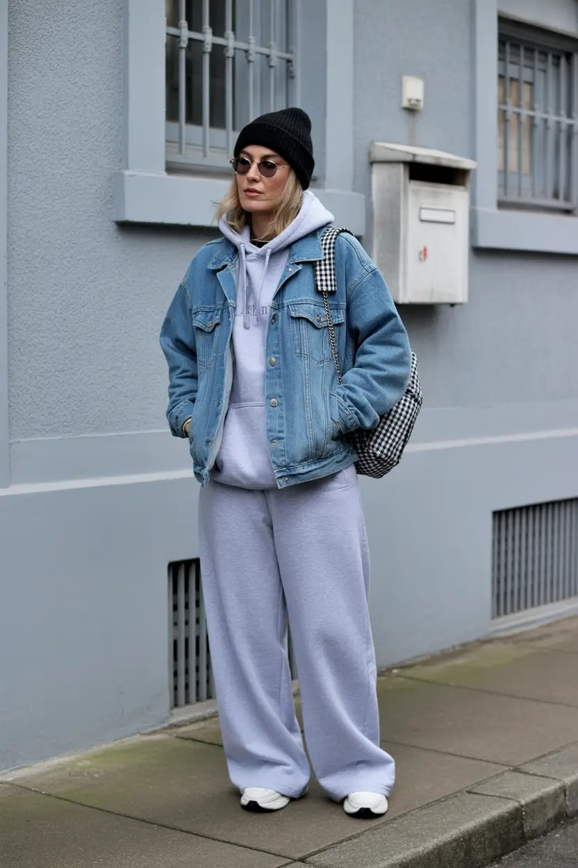 comfy spring outfits 2026 Denim Jacket With Hoodie and Soft Sweatpants