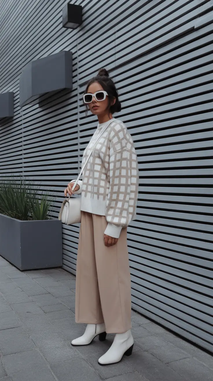 comfy spring outfits 2026 Minimal Knit Texture With Wide Pants and Boots