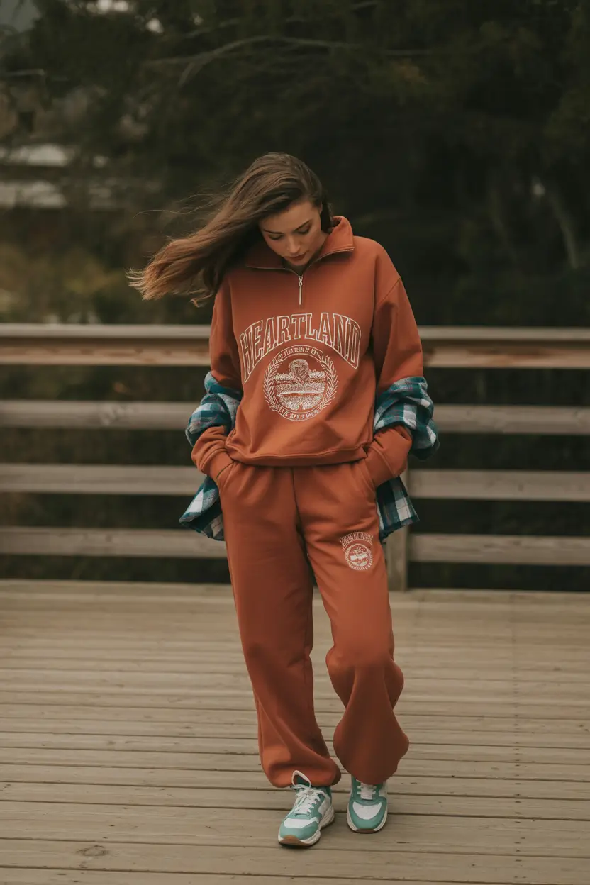 comfy spring outfits 2026 Rust Brown Sweat Set with Grunge Weekend Vibes