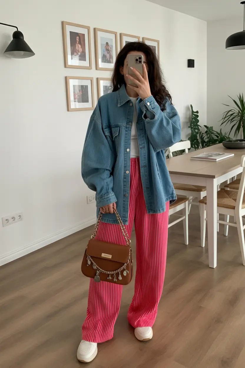 comfy spring outfits 2026 Denim Shirt Jacket With Pop Color Pants