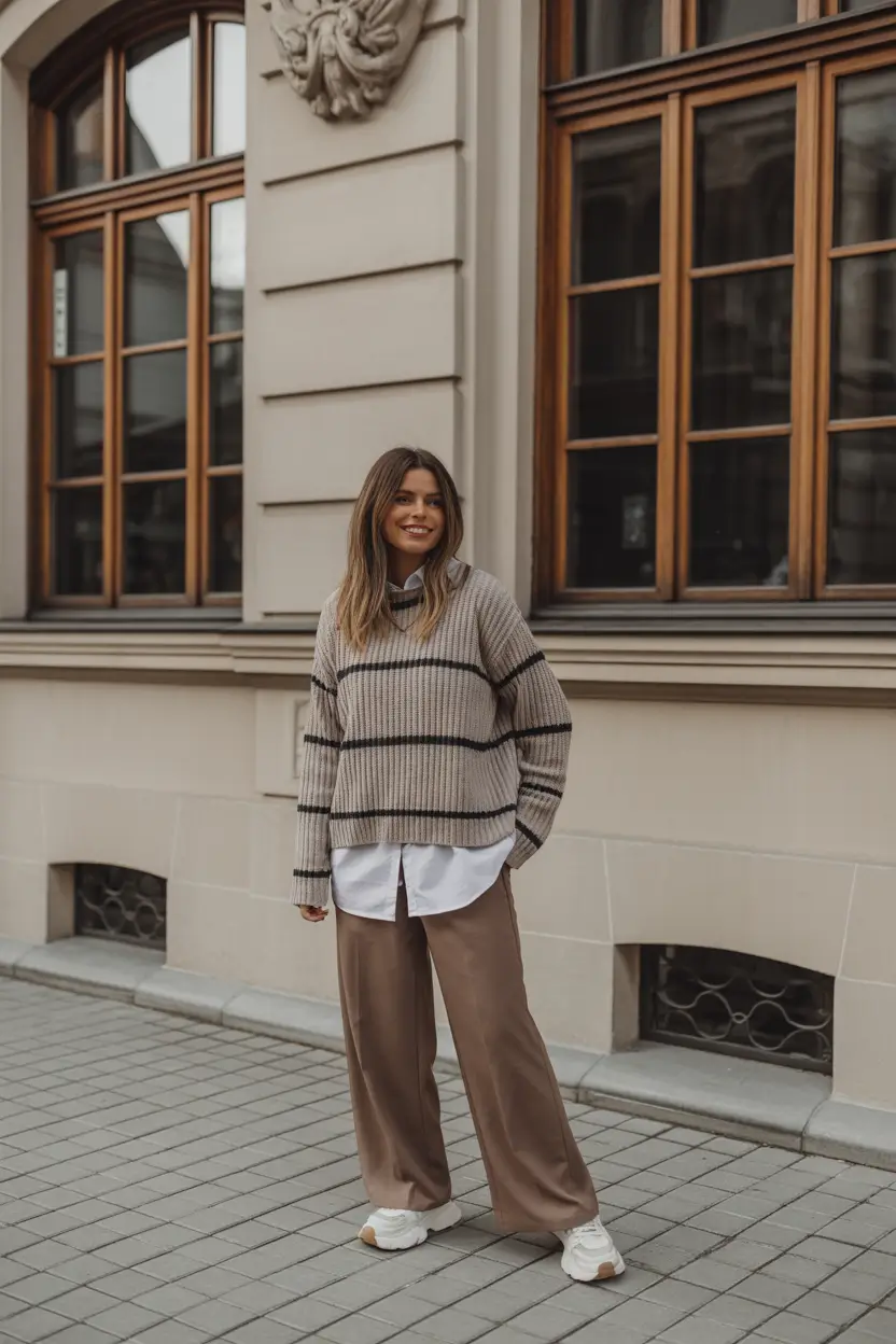comfy spring outfits 2026 Cozy Knit Over Button Down With Wide Pants