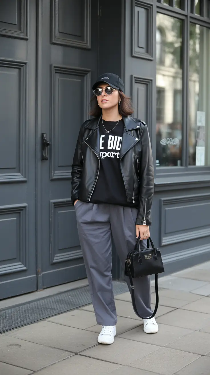 comfy spring outfits 2026 Leather Jacket and Sweatshirt With Relaxed Trousers