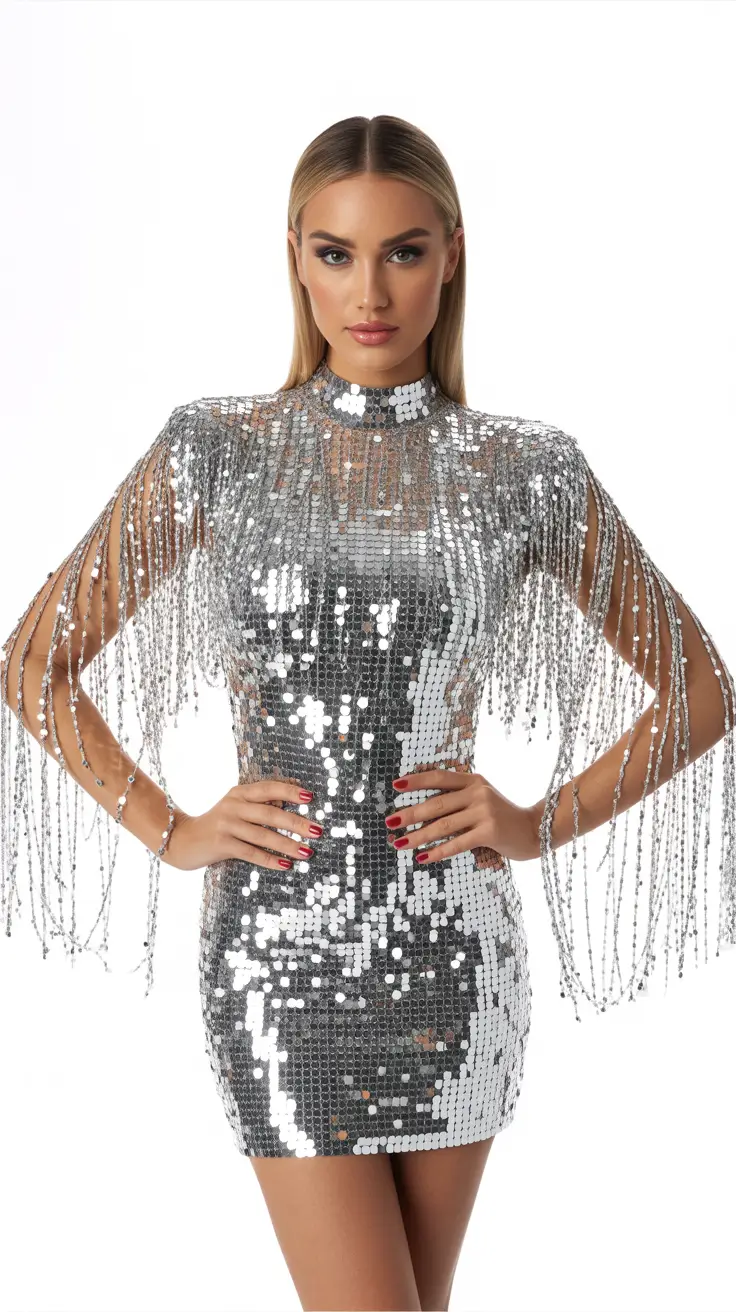 spring concert outfit ideas 2026 Silver Fringe Mini Dress for Sparkly Spring Nights