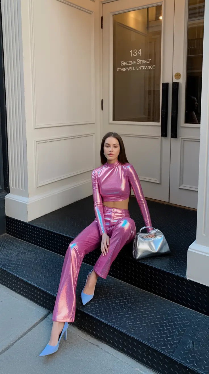 spring concert outfit ideas 2026 Pink Metallic Set for City Concert Glam
