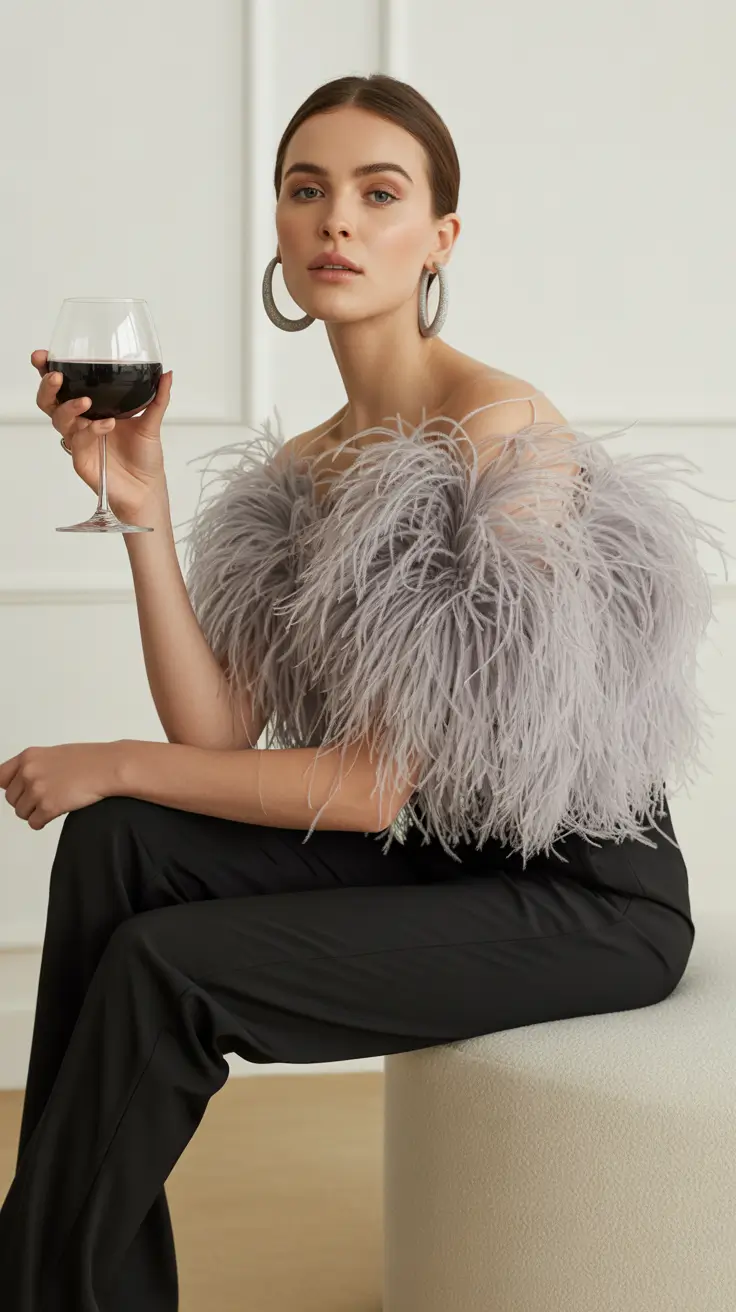 spring concert outfit ideas 2026 Feather Top With Sleek Pants for Concert Glam