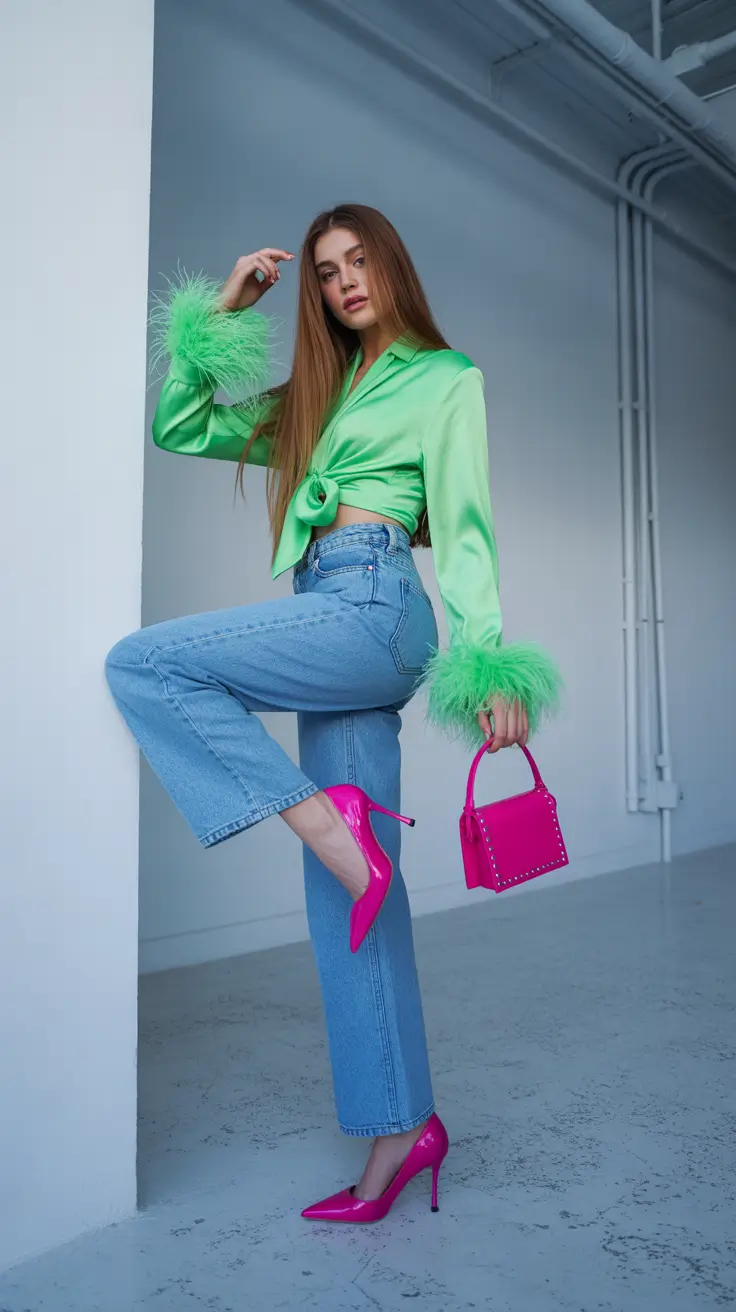 spring concert outfit ideas 2026 Green Satin Shirt and Jeans With Barbie Pink Pop