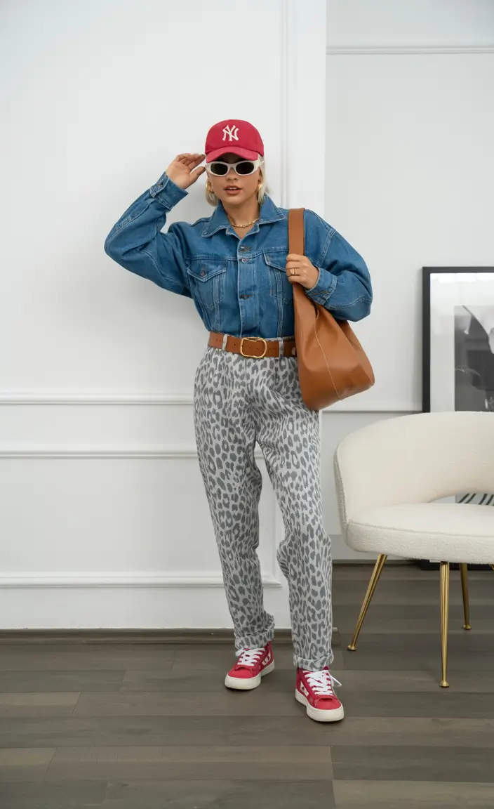 spring disneyland outfits 2026 Denim Shirt and Leopard Pants for Trendy Street Style