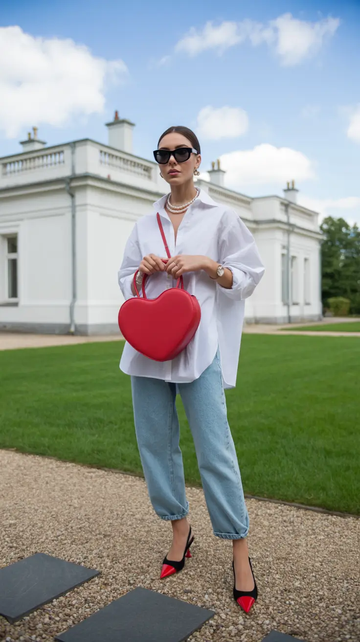 spring disneyland outfits 2026 White Shirt and Heart Bag for Minimal Chic Energy