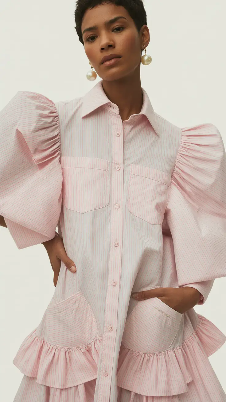 spring disneyland outfits 2026 Puff Sleeve Pink Shirt Dress Energy