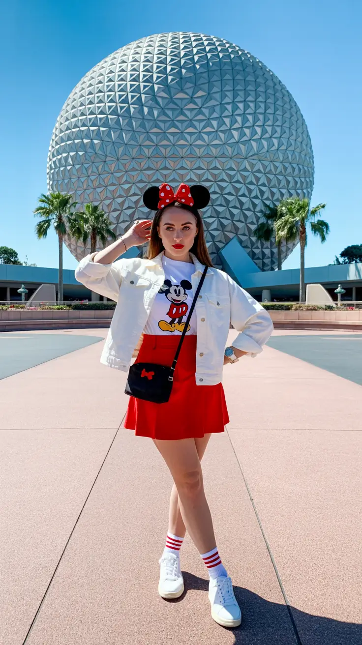 spring disneyland outfits 2026 White Jacket and Red Skirt for Bold Park Style