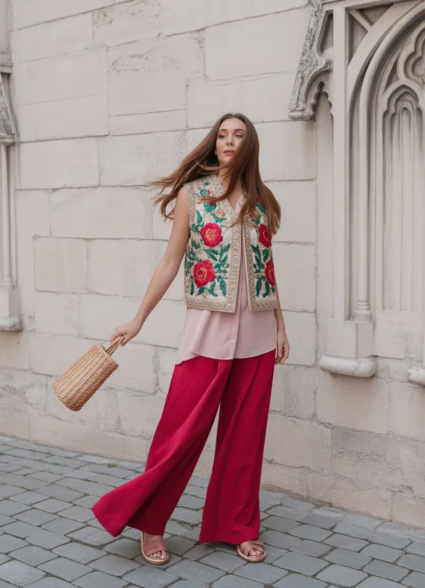 spring fits outfits 2026 Embroidered Vest and Wide Pants for Artsy Spring