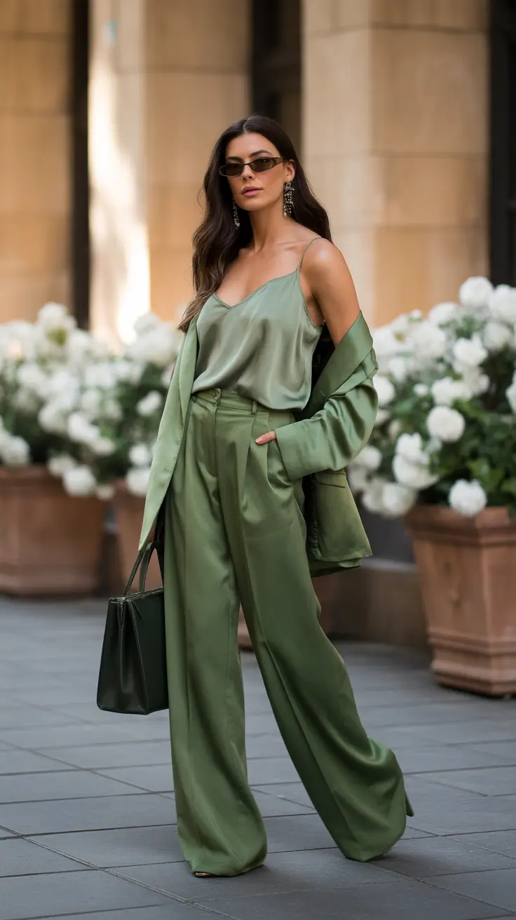 spring fits outfits 2026 Monochrome Satin Set for Soft Power Dressing