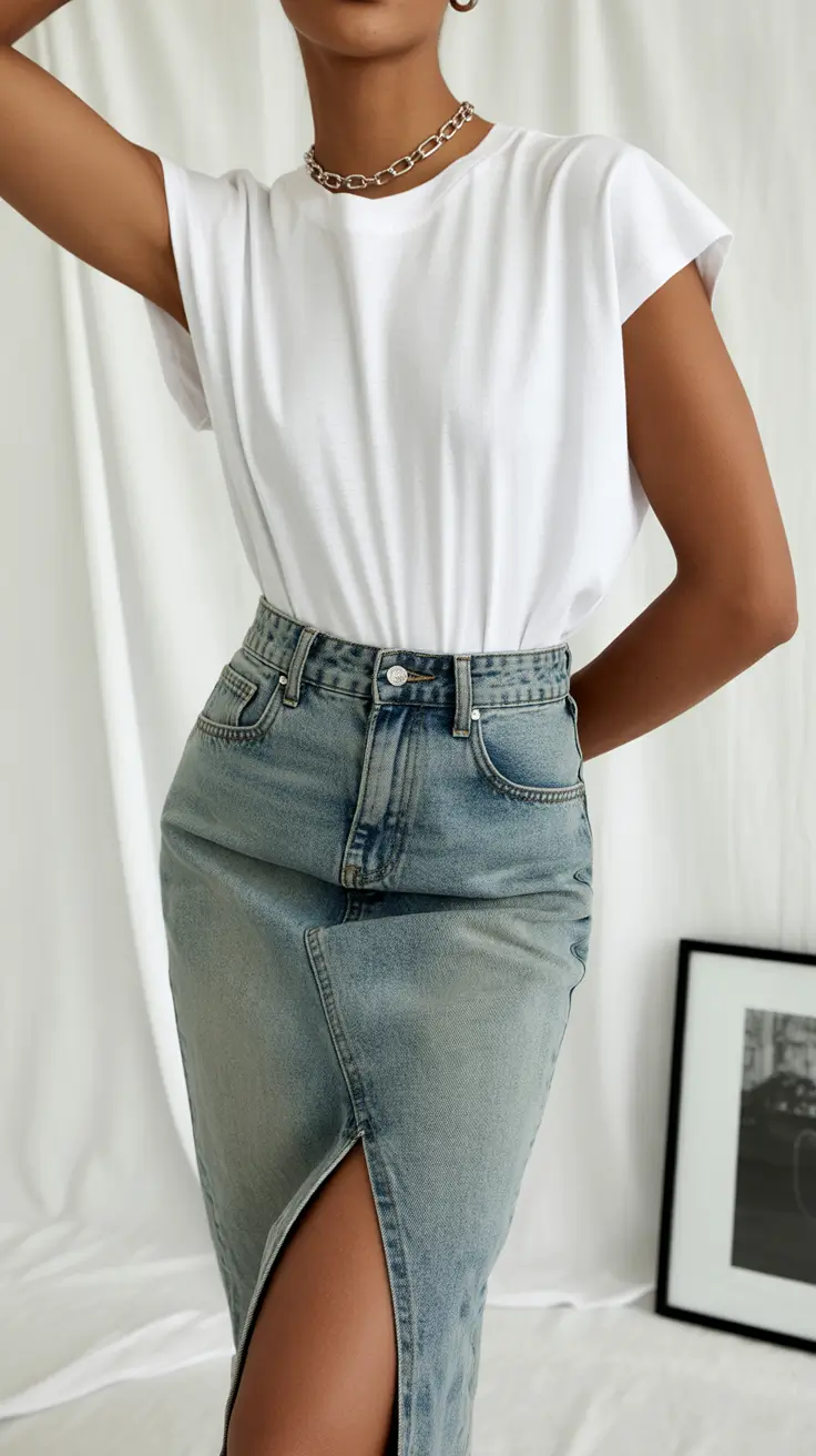 spring fits outfits 2026 Denim Midi Skirt With Clean Minimal Energy