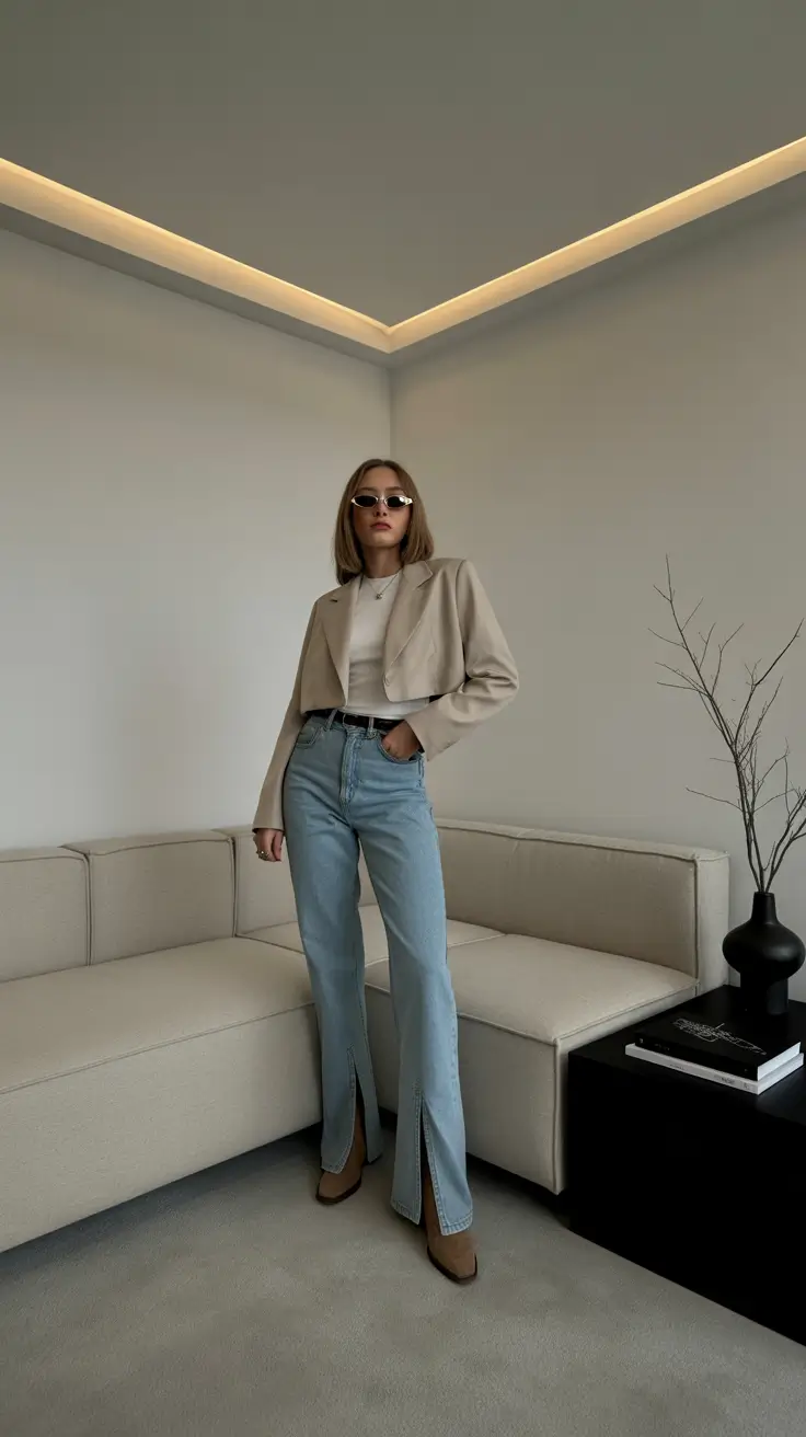 spring fits outfits 2026 Soft Blazer And Split-Hem Jeans For Modern Neutral Days