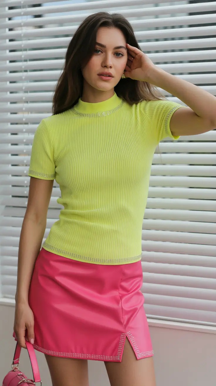 spring fits outfits 2026 Lime Knit and Pink Mini for Playful Contrast