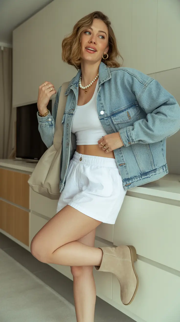 spring outfit for Thursday 2026 Denim Jacket White Shorts