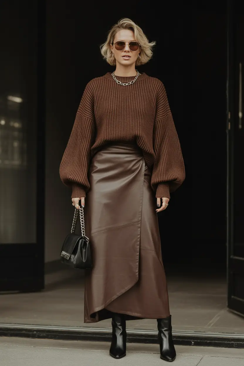 spring teacher outfits 2026 Chocolate Sweater and Faux Leather Midi Skirt