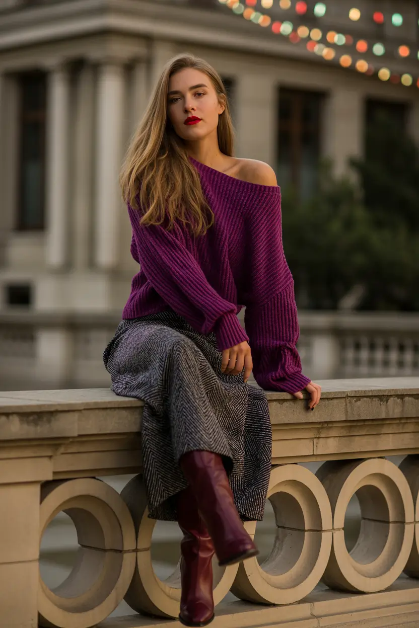 spring teacher outfits 2026 Off Shoulder Sweater and Midi Skirt for After School Style