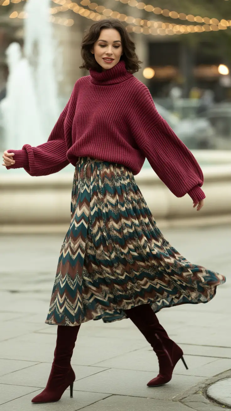 spring teacher outfits 2026 Cozy Burgundy Sweater with Flowing Printed Skirt