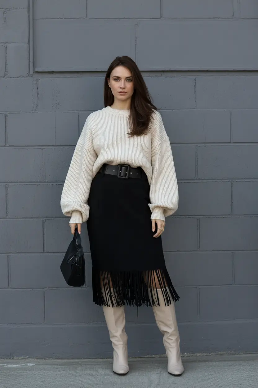 spring teacher outfits 2026 Cream Knit + Black Fringe Midi for a Soft-Strict Teacher Look
