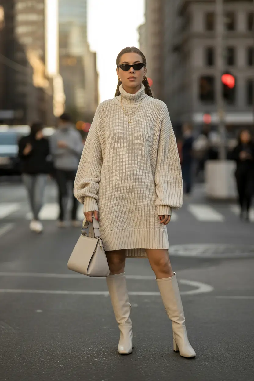 spring teacher outfits 2026 Oversized Sweater Dress + Cream Boots for Effortless High School Style