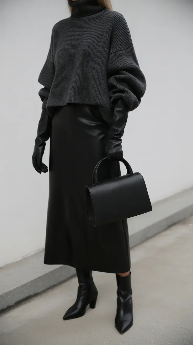 spring teacher outfits 2026 Dark Minimalist Knit + Leather Midi for a Powerful Teacher Uniform