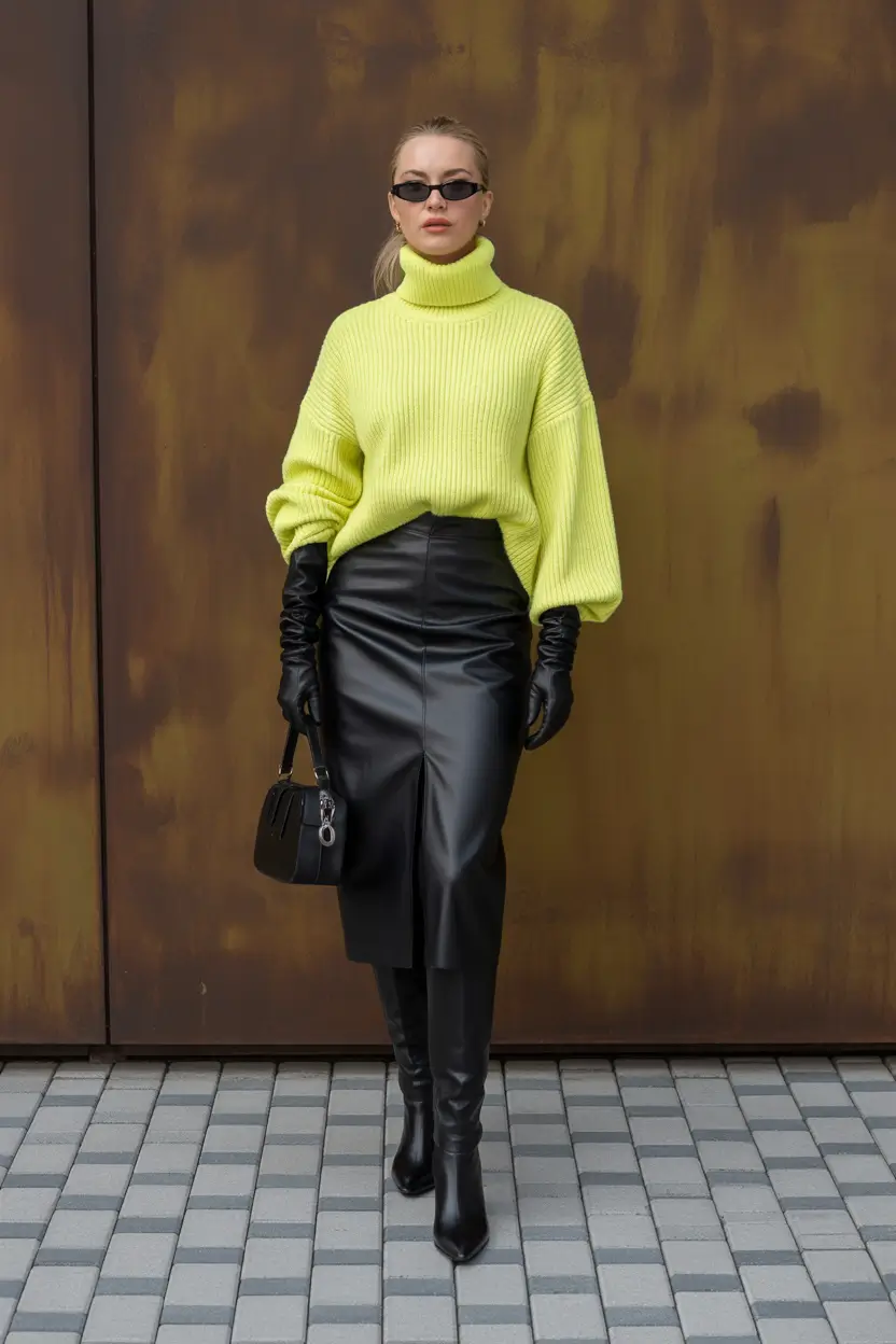 spring teacher outfits 2026 Lime Knit + Black Leather Skirt for a Bold Spring Energy Boost