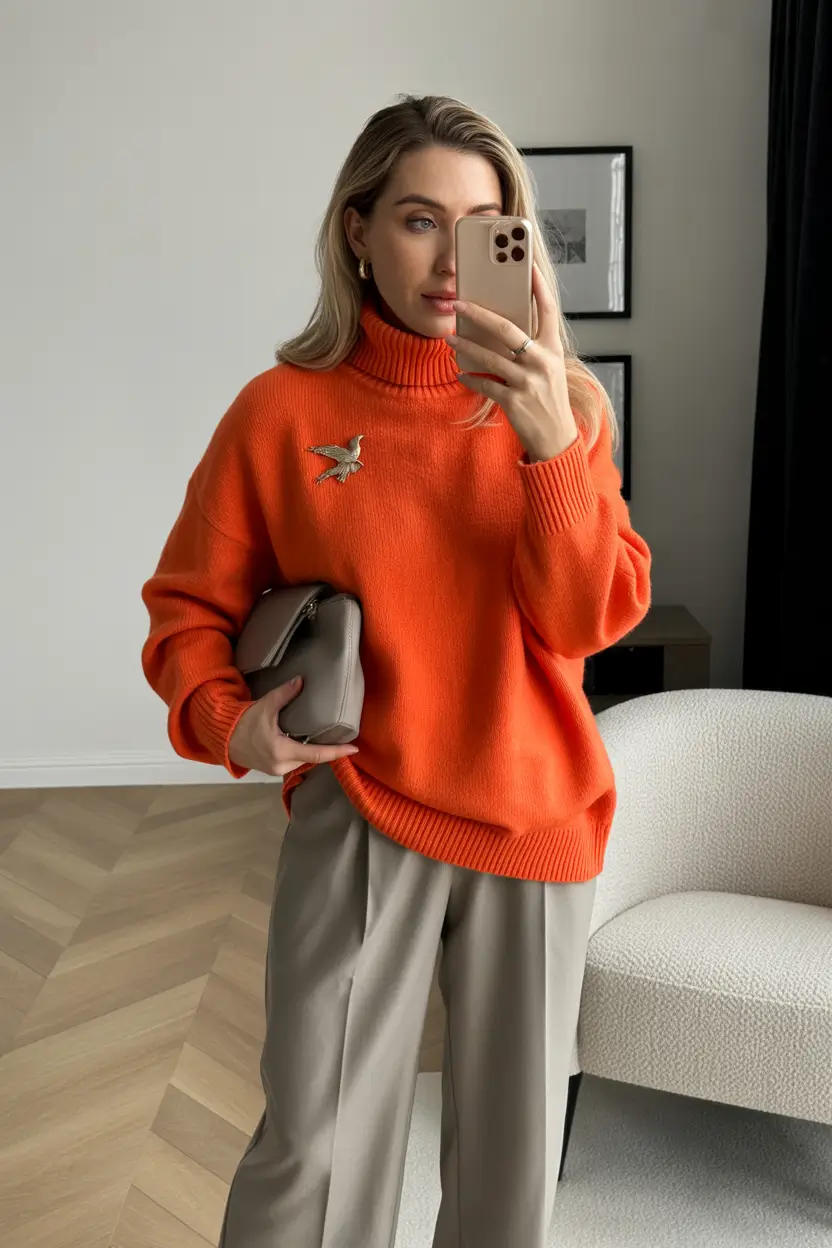 spring teacher outfits 2026 Orange Turtleneck and Taupe Pants for Warm Teacher Energy