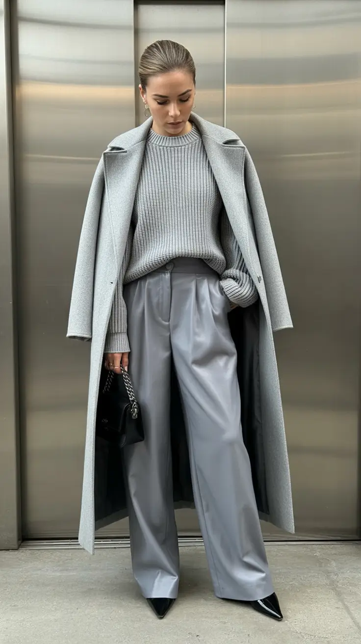 spring teacher outfits 2026 Gray Coat and Soft Knit Layers for Rainy Spring Days