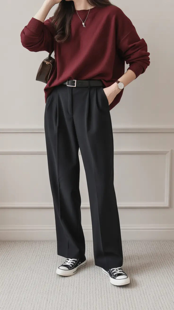 spring teacher outfits 2026 Burgundy Sweatshirt and Tailored Pants for Casual Teacher Comfort
