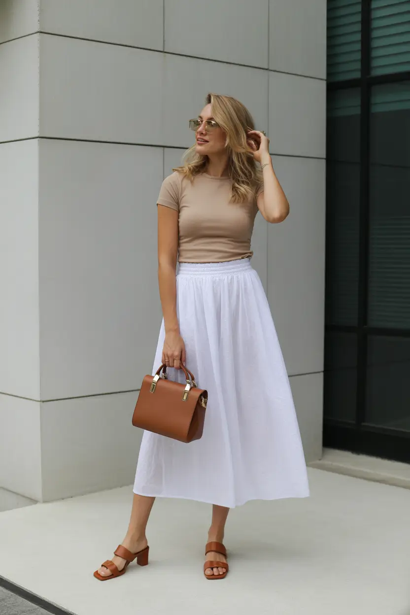 spring teacher outfits 2026 Neutral Tee and White Midi Skirt for Warm Spring Days