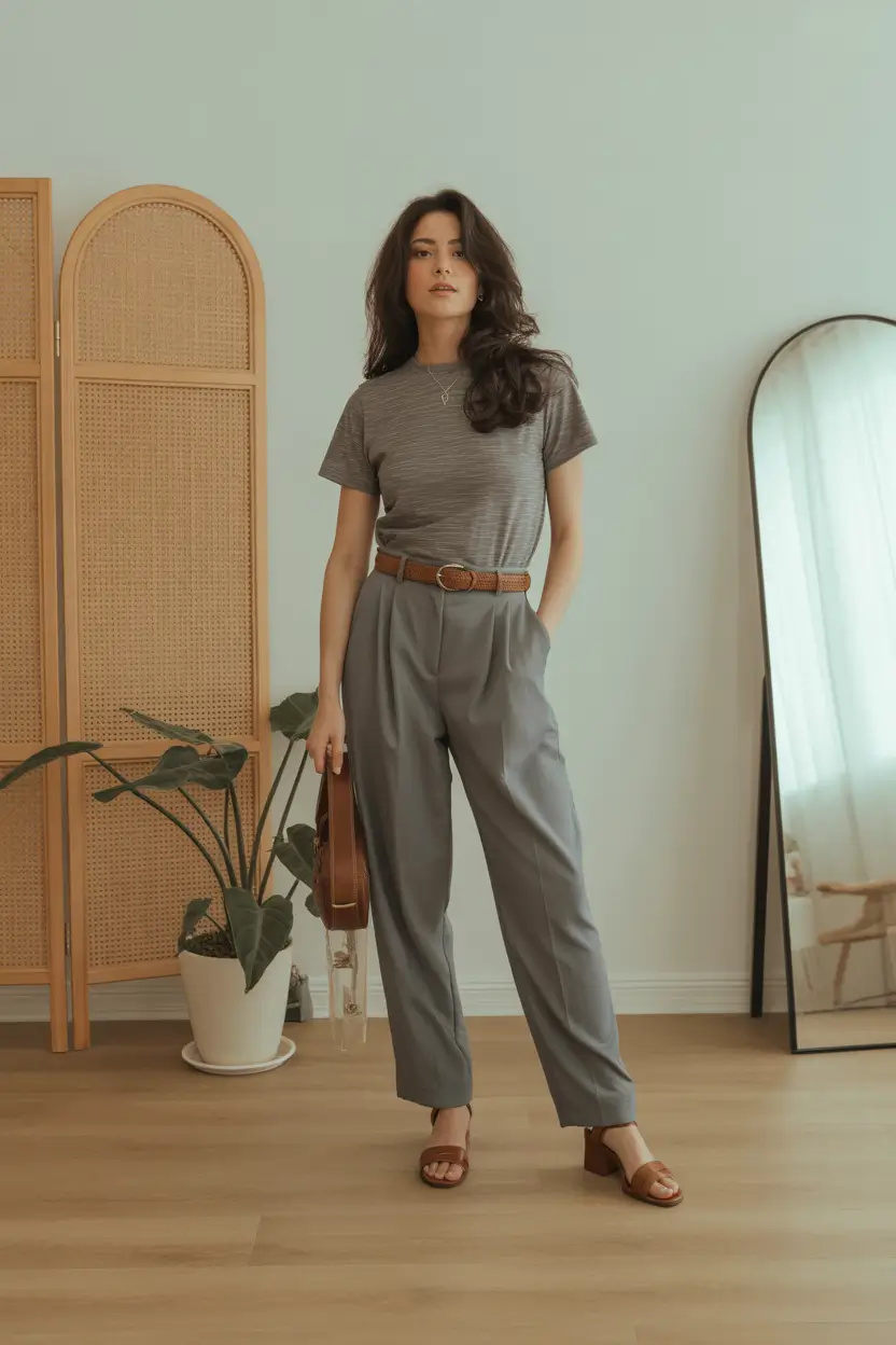 spring teacher outfits 2026 Minimal Gray Basics with Belted Tailoring
